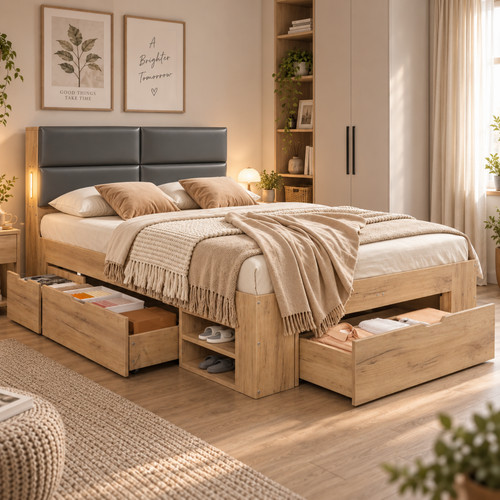 Wooden storage bed 4ft6 - bed,,